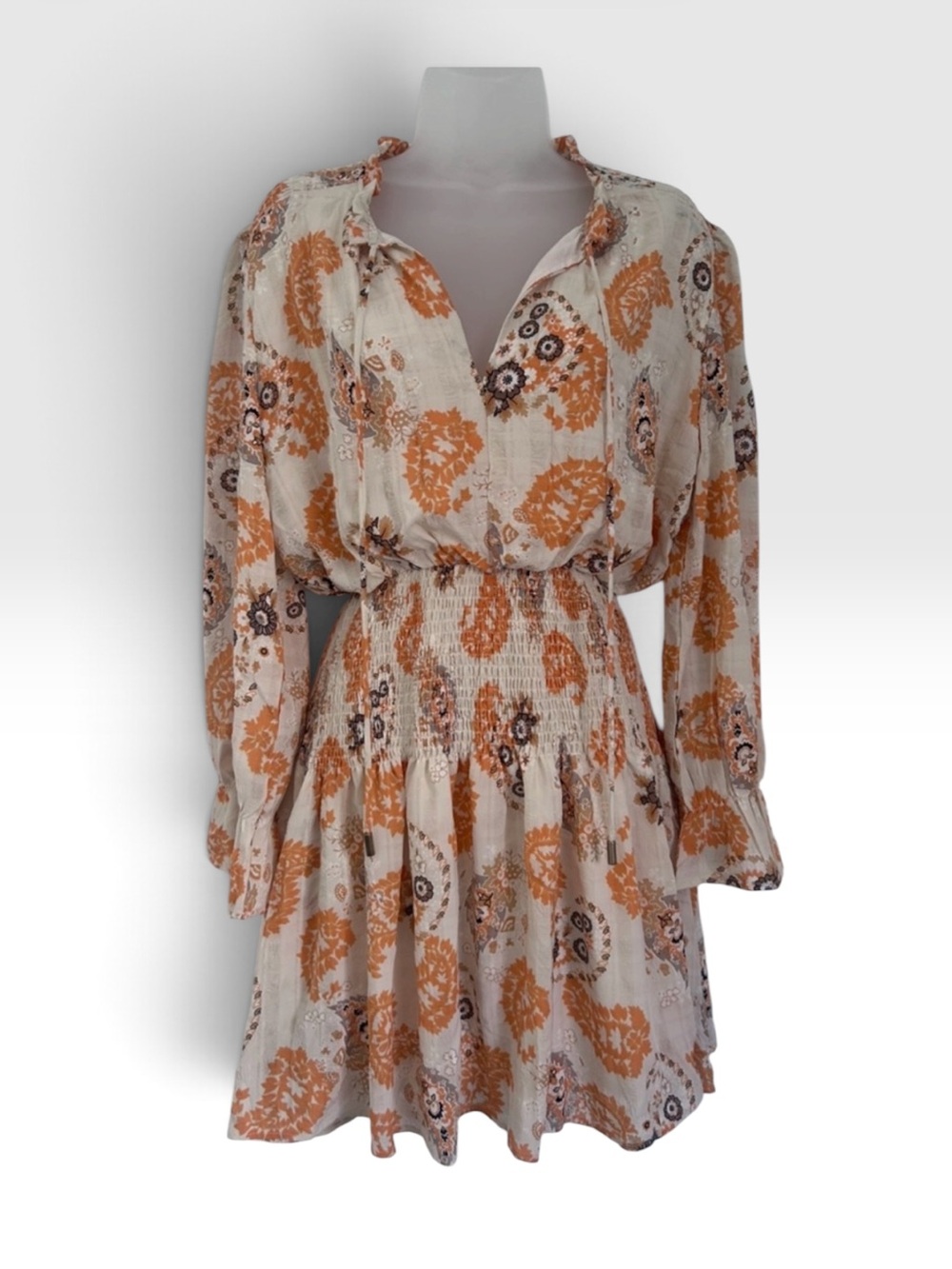 Bishop + Young Marmont Paisley Print Smocked Waist Long Sleeve Mini Dress Fall M